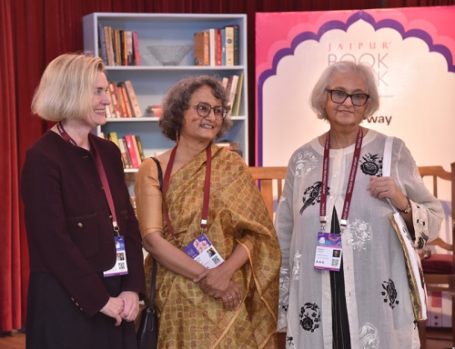 H.E May-Elin Stener, Manisha Chaudhry, and Namita Gokhale. Glimpses of the Jaipur BookMark 2025 Inaugural Ceremony